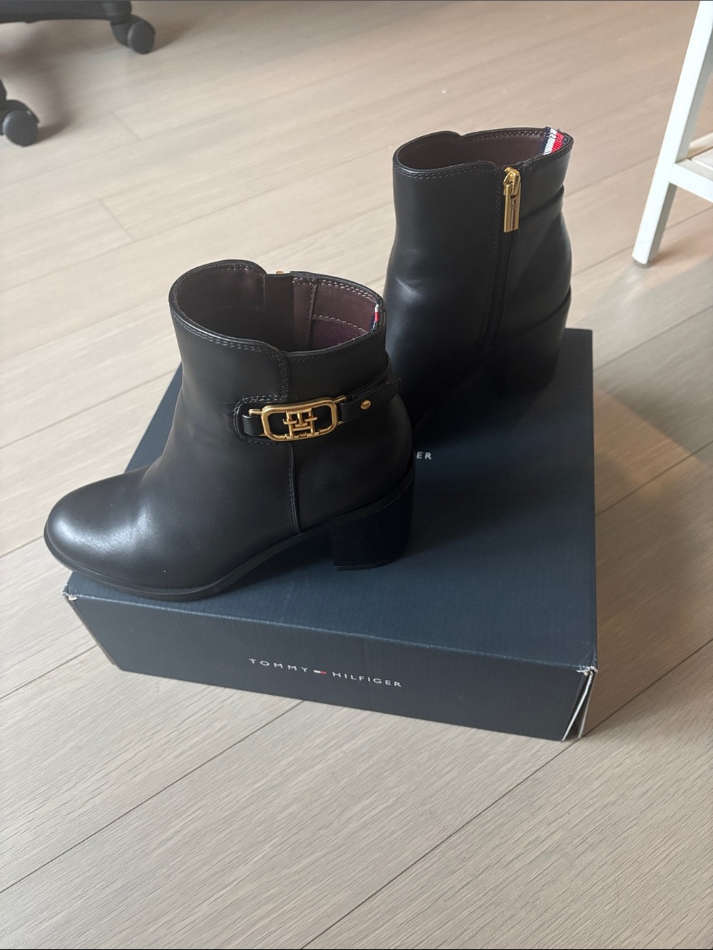 Tommy Hilfiger Black Leather Ankle Booties with Gold Buckle